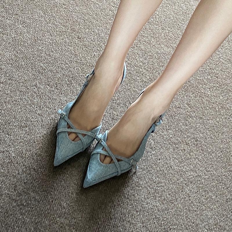 Today's popular sandals blue denim versatile bag head one-word buckle with high heels women's stiletto