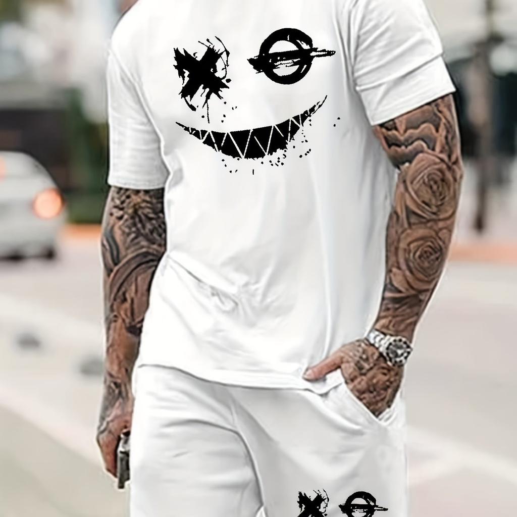2Pcs Mens Smile Face Print Casual Crew Neck Short Sleeve T-shirt And Drawstring Shorts Set - Soft Slight Stretch Fabric,