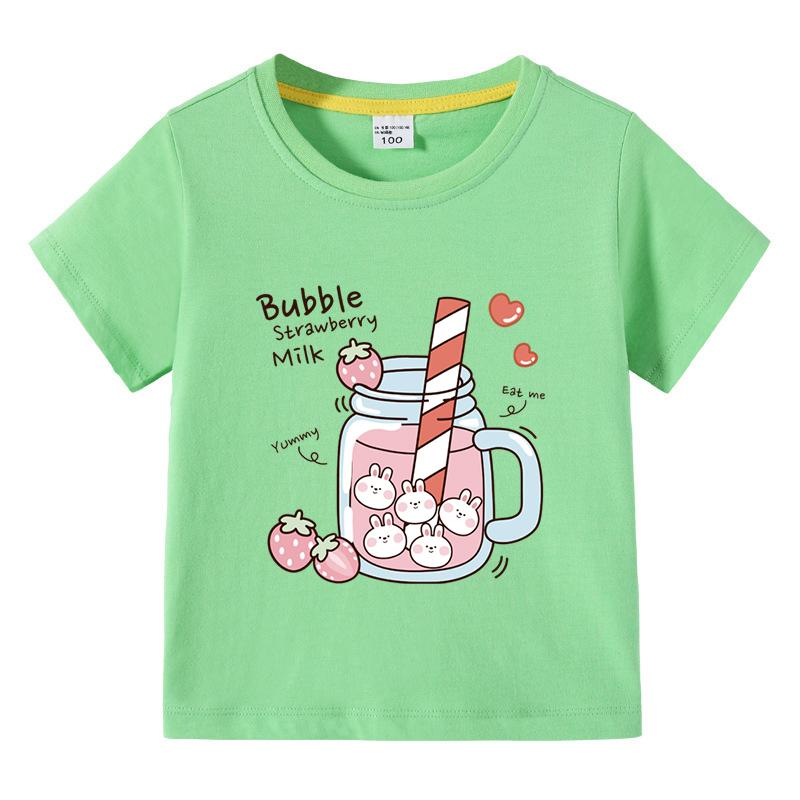 Girls TShirt Bubble Strawberry Milk Print Short Sleeve Tee Cute Cartoon Summer Casual Tops for Kids Children