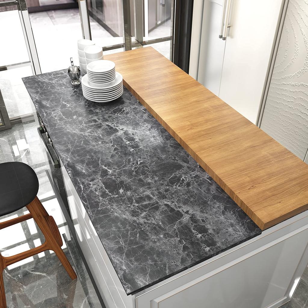VEELIKE Marmor Tapetenaufkleber, Dick, Schwarz, Marmor-Look Tapete, Abziehbar, Schneidebogen, Innenraumfolie, Stein-Look, 40cm x 900cm, Einfache Anbringung