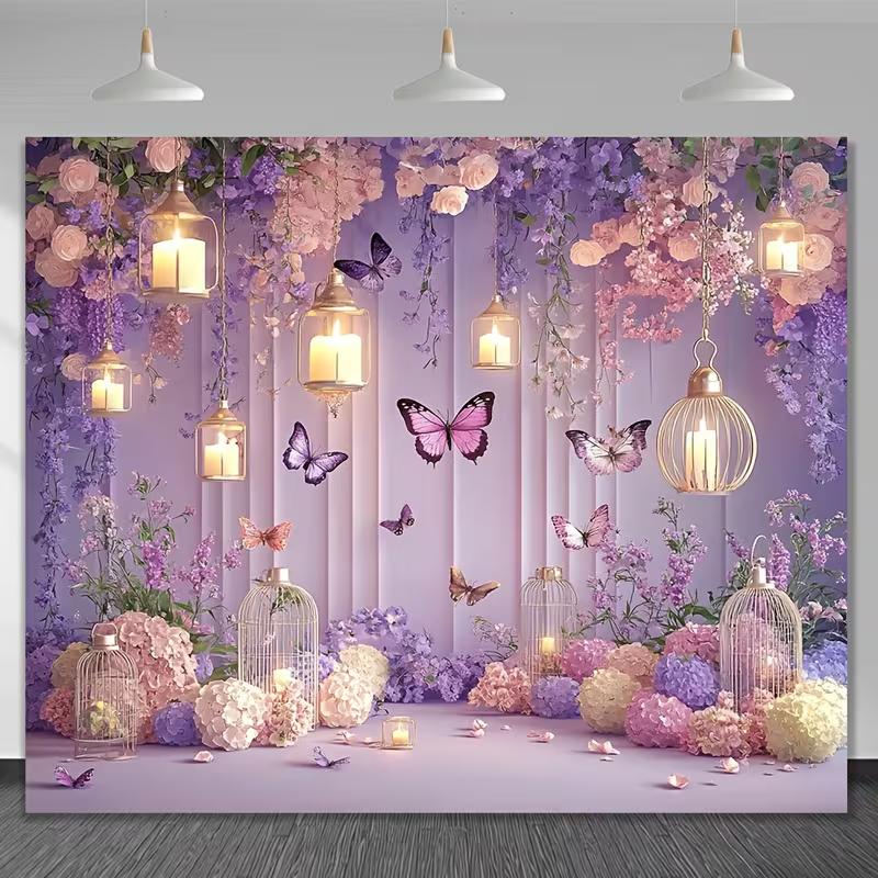 2D Dreamy Purple Floral Backdrop, Lantern & Hydrangea Banner, Girls Birthday Party Decor 47.2x31.5inch/120*80cm