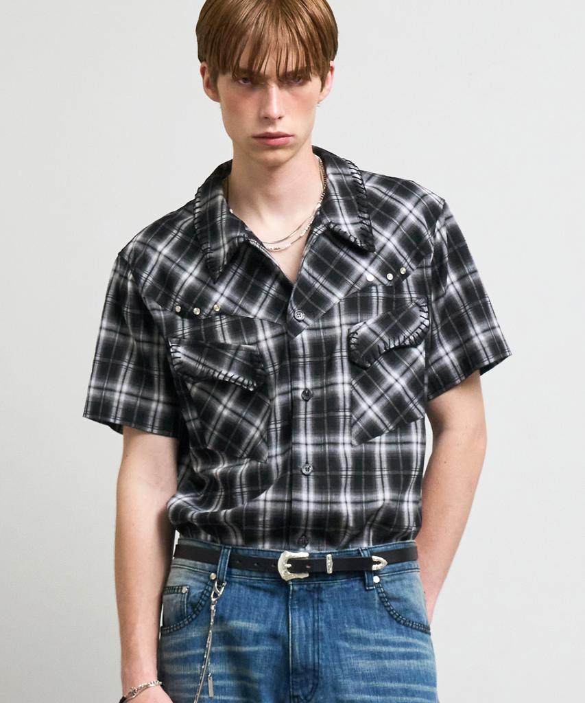 RAD FICTION Rusty Hand Stitch Curved Line Shirt / Black Check