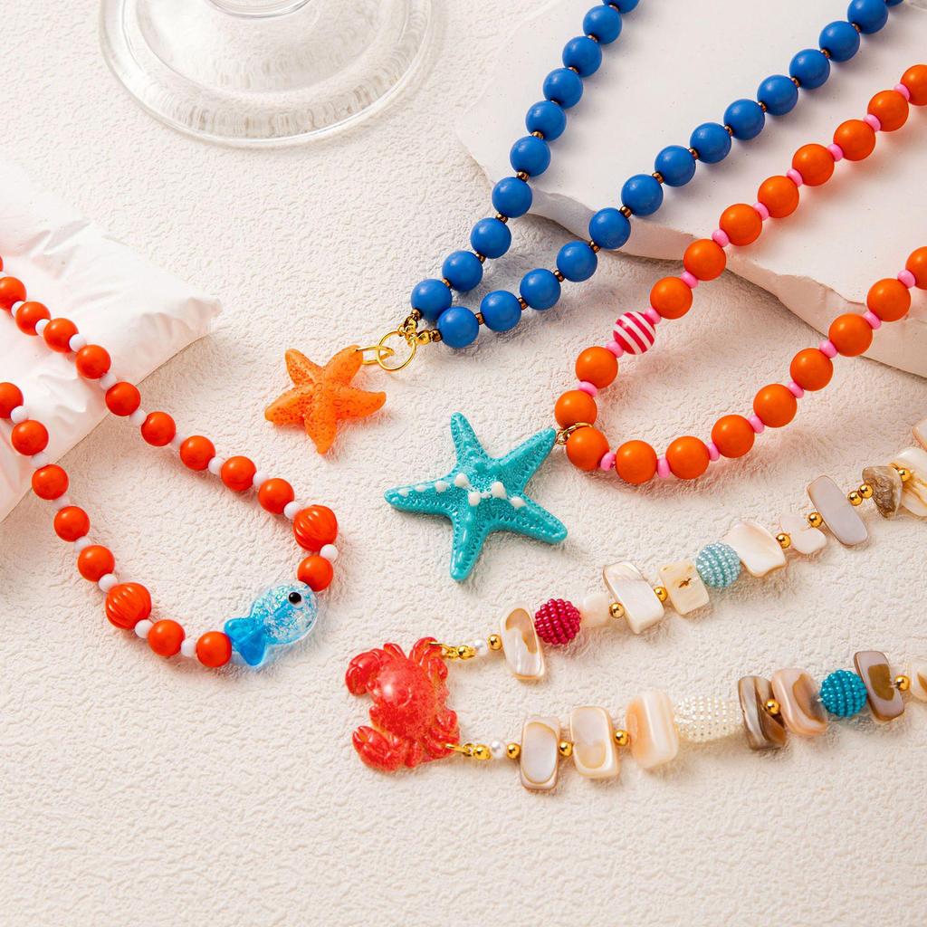 European-American Summer Ocean Necklace: Shell, Crab, Fish, Starfish Stone Pendant & Colorful Beaded Chain for Women