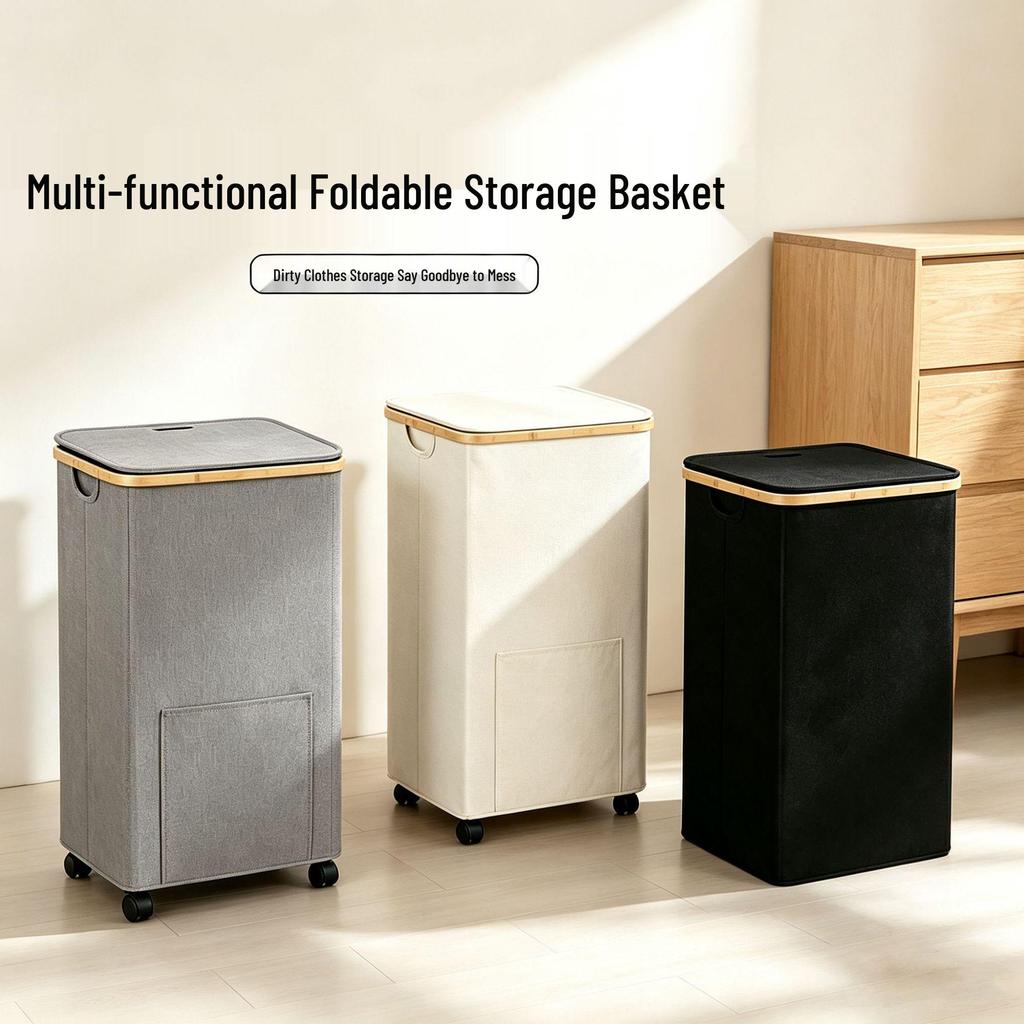 Foldable Bamboo Laundry Hamper with Lid - Oxford Cloth Dustproof Storage Basket