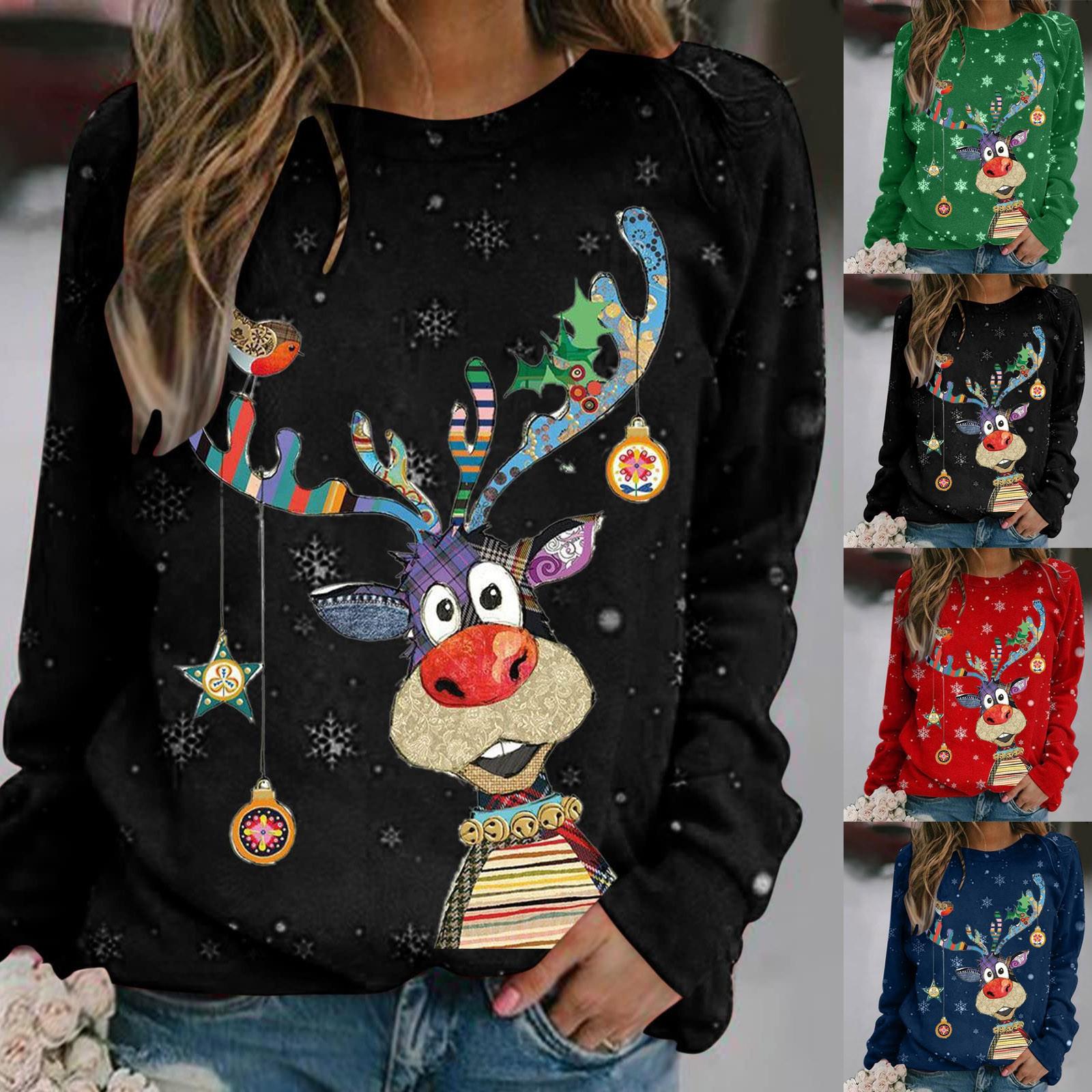 

Женская повседневная мода Рождественский принт Длинный рукав O-neck Пуловер Топ
