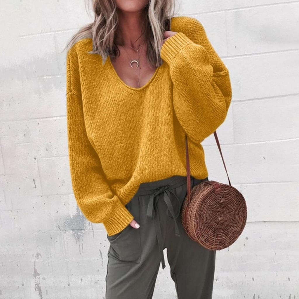 Ladies, Sweater, V-neck, Long Sleeved, Loose Fitting, Knitted Sweater, Base Coat, Top Coat