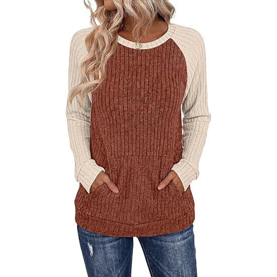 Fall/Winter Round-neck Color-Contrasting Pockets Ribbed Long-Sleeved Loose-Tee Women's Shirt