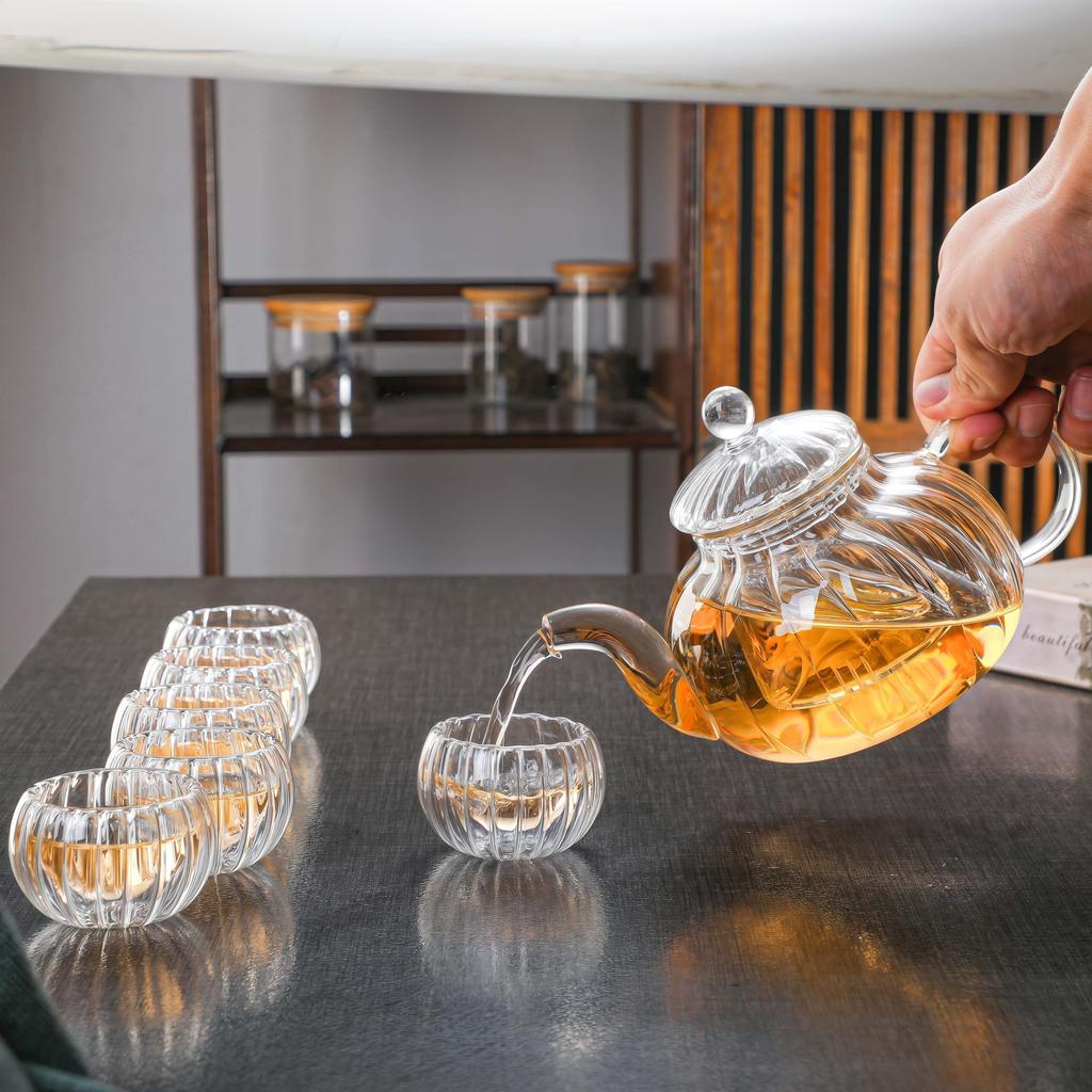 Transparent Pumpkin-Shaped Glass Teapot and Tea Warmer Set, 600ml Capacity, Includes Tea Strainer, Teapot, Pot Warmer, and Candle Holder. Stylish