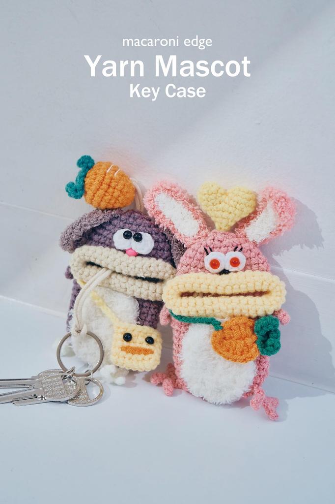 Macaroni Edge Yarn Mascot Key Case, Rabbit Version, Cute Monster Keychain, Accessory Case, Key Storage, Korean Item, Handmade (GrayRabbit)