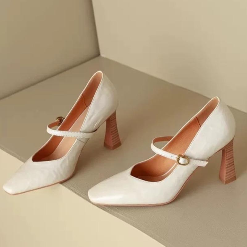 

Fashion Women s Slim Heel Shoes Spring New Pointed Head Shallow Mouth One Word Buckle Strap Anti-slip Wear-resistant High Heels 40 бежевый