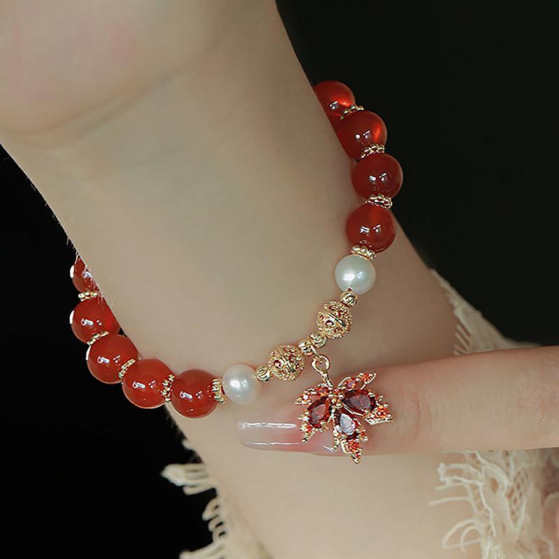 Chinese Style Beaded Bracelet For Women Girls Light Luxury Maple Leaves Pendant Bracelet Jewelry Accessories Gift