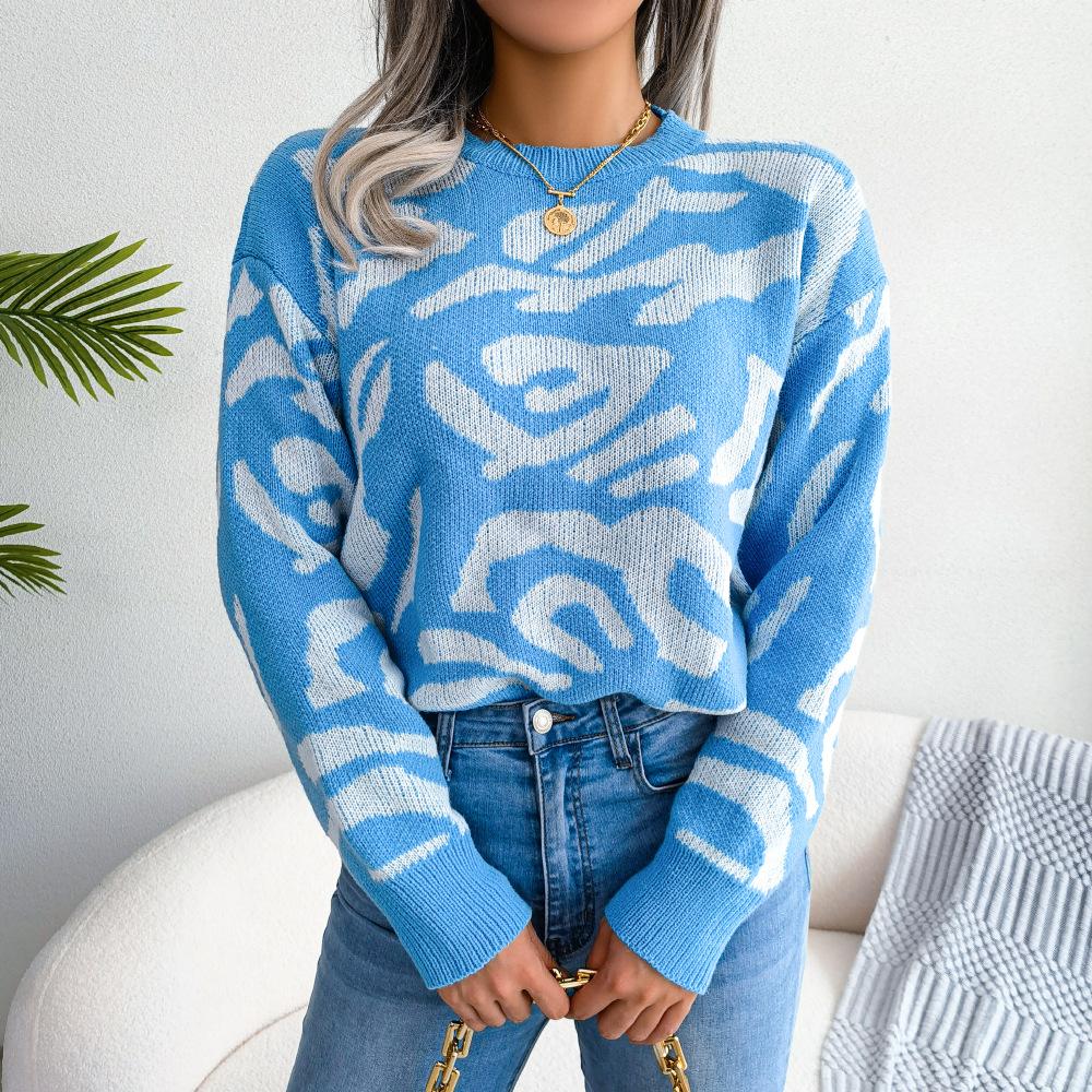 GMXIA Women's Fashion Casual Autumn Winter Long Sleeve Round Neck Loose Floral Knit Base Sweater