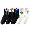 Women's Autumn and Winter Tulip Mid-calf Women's Socks Trendy Women's Style Flower Women's Mid-calf Cotton Black and White Long Socks
