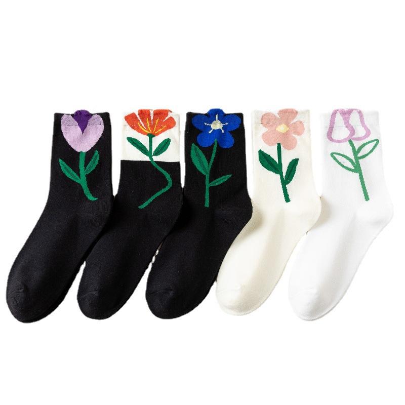 Women's Autumn and Winter Tulip Mid-calf Women's Socks Trendy Women's Style Flower Women's Mid-calf Cotton Black and White Long Socks
