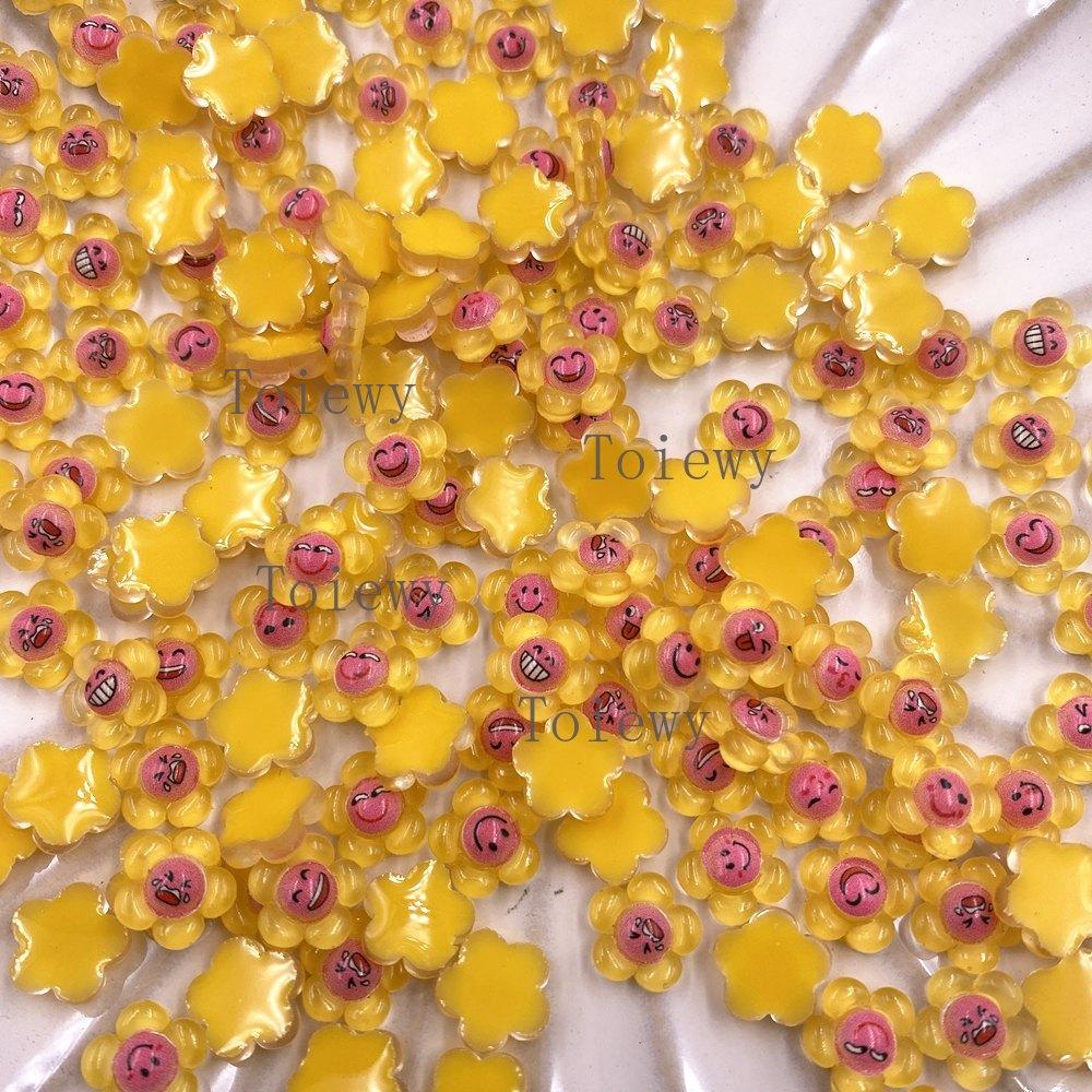 50pcs Resin Mini Colorful Smile Sunflower Art Nail Flat Back Yellow Flower Rhinestone Appliques DIY Scrapbook Crafts Accessories