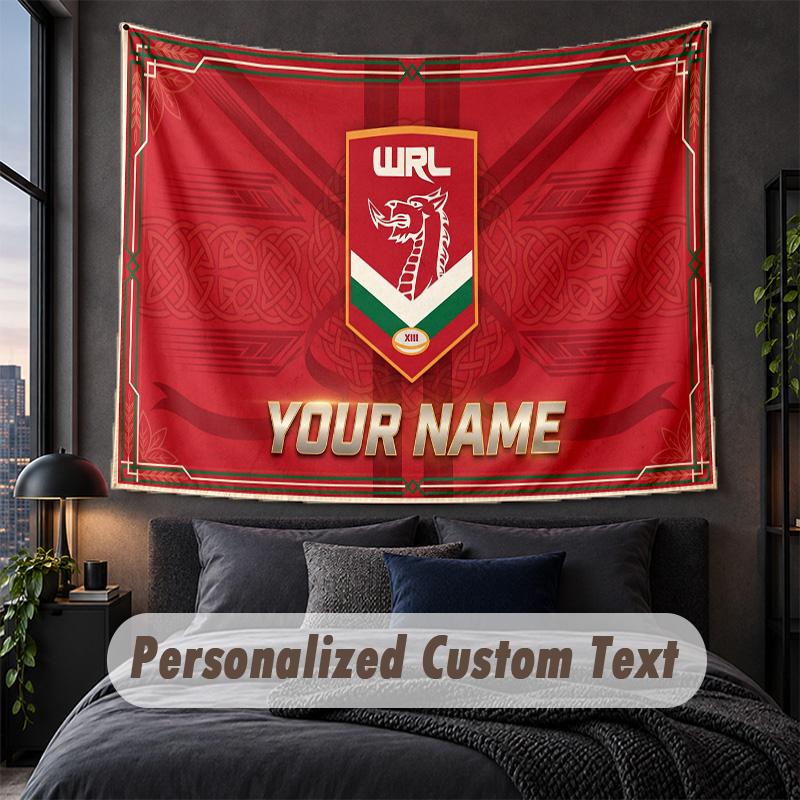 Custom Name Text Tapestry,Wales Rugby Decorative Wall Hanging, Background Tapestry For Home Bedroom
