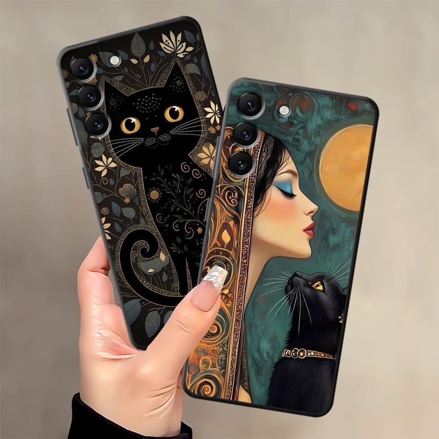Black Soft Phone Cover Case for Samsung Galaxy A50 A17 A06 A20 A13 A70 A30 A15 A10 A12 A05 A04 A40 A16 Cartoon Cat