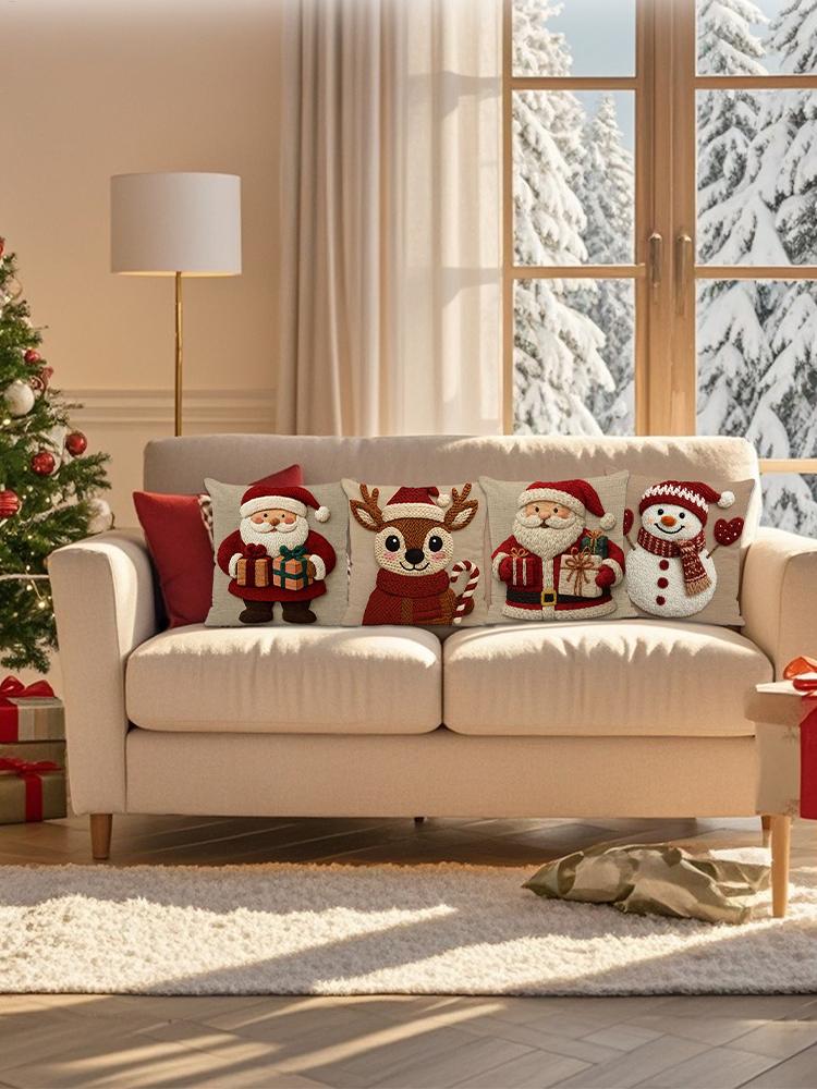 45cm Grau Rot Weihnachtskissenbezug 4PCS Cartoon Weihnachtsmann Schneemann Elch Sofakissenbezug Heim Bett Auto Deko Frohe