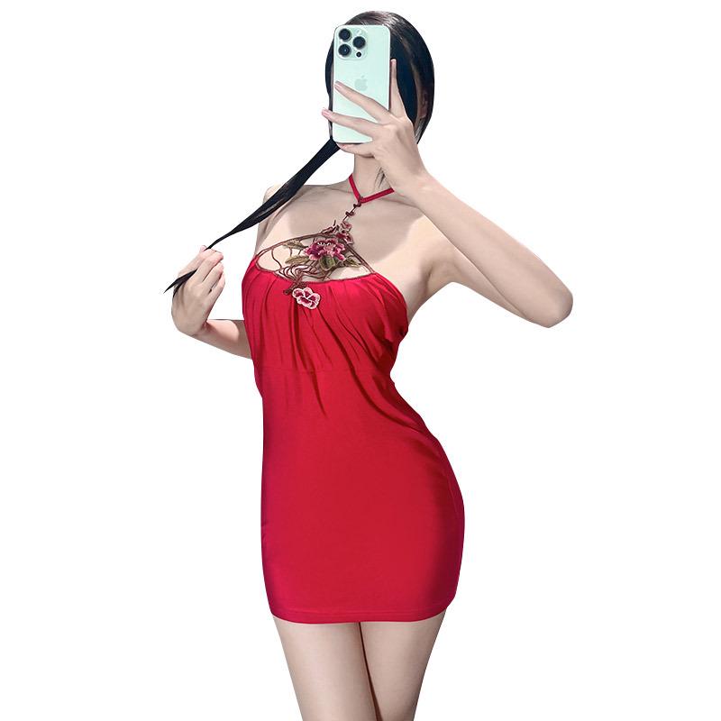 Red Embroidered Erotic Ancient Style Qipao Nightgown for Role Play