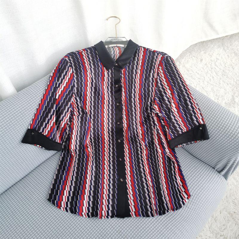 

Sennu 2025 Silk Tops Women s Mulberry Silk Shirt Half Sleeve Turn-down Collar Coat Elegant Stripes Slimming Shirt Black 3XL