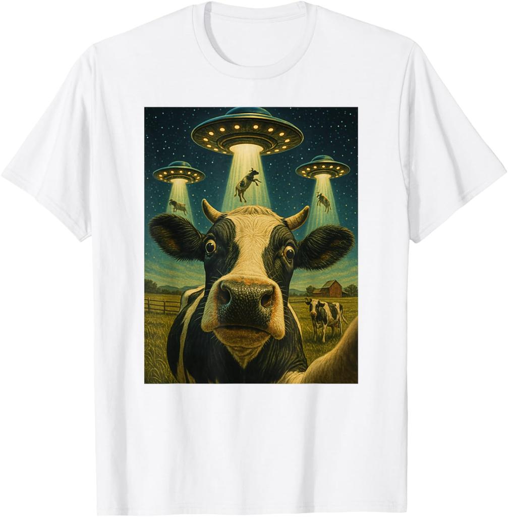 Funny Cow Abduction Selfie UFO Alien Graphic Tee T-Shirt Casual Daily Wear