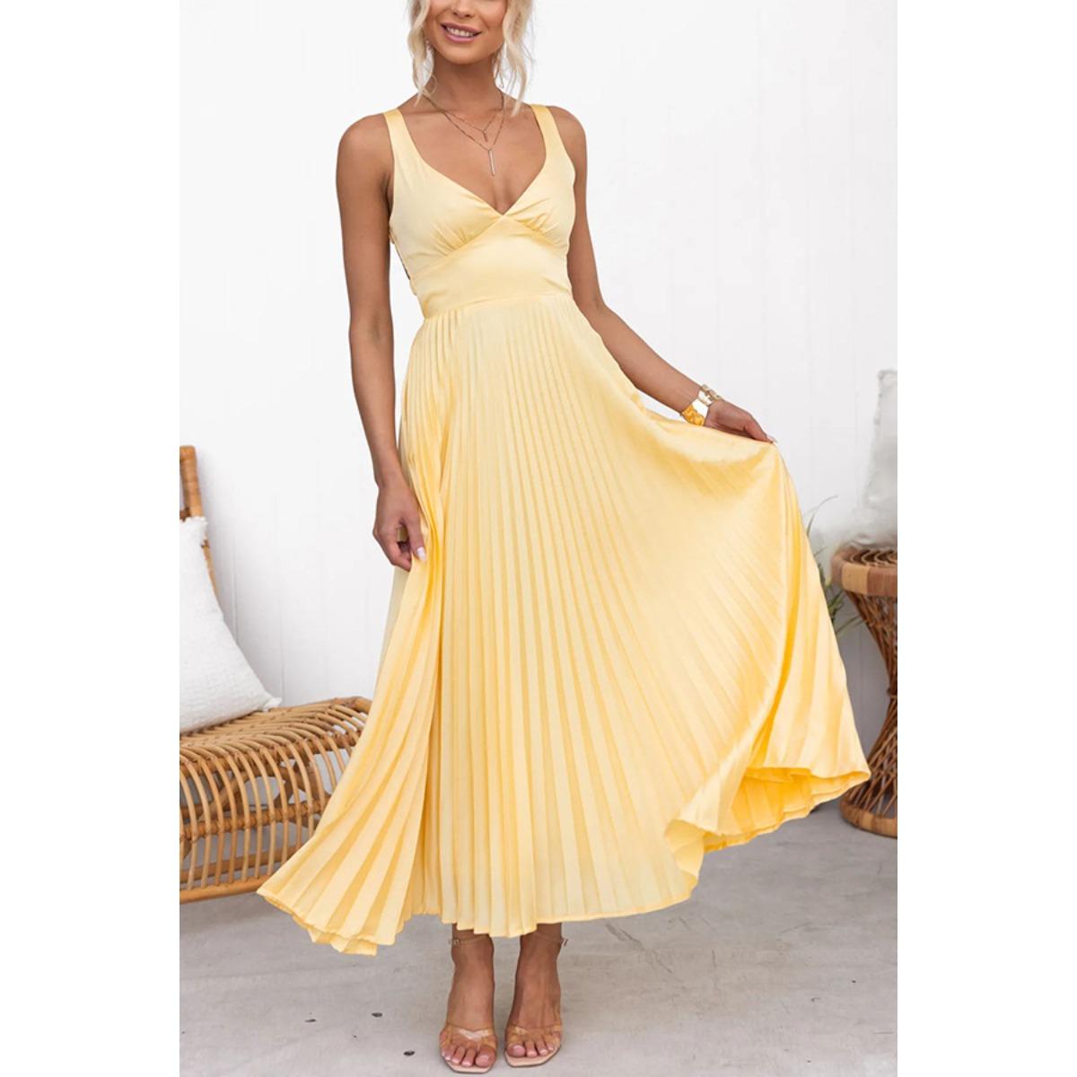 Women s V Neck Sleeveless Solid A-Line High Waist Elegant Pleated Satin Maxi Dress Evening Party Slip Sundress S