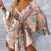 V-Neck Batwing Sleeve Irregular Hem Holiday Dress Summer Waist Drawstring Tropical Leaves Print Mini Dress Female Clothes