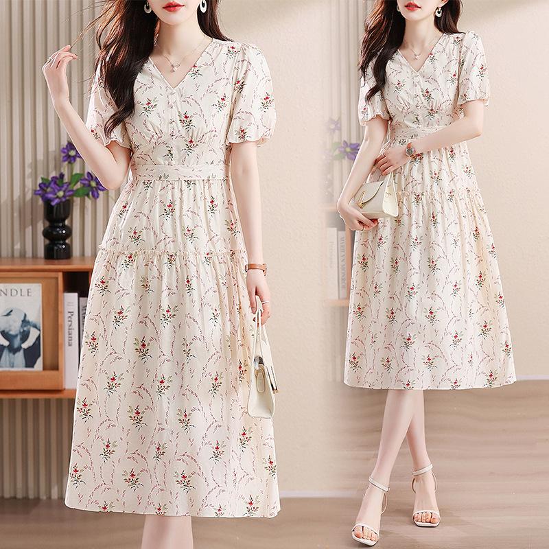 

Лето 2024 г. Платье миди с ретро-цветочным принтом, рукавами-фонариками, V-образным вырезом и утягивающим талию дизайном Small бежевый