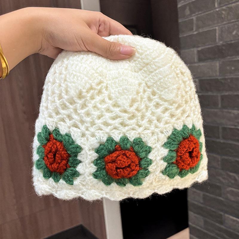 Versatile Handmade Crochet Hat Women's Spring and Autumn New Knitted Wool Hat Big Head Circumference Hollow Bag Head Hat
