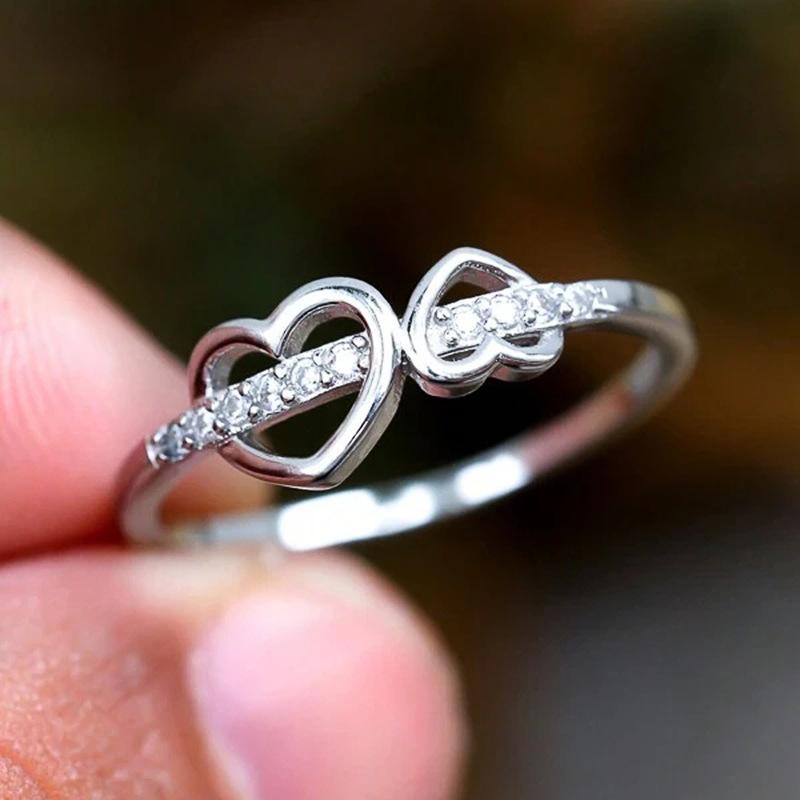 Love Zircon Ring Woman, Exquisite And Sweet Double Peach Heart Ring, Inlaid With Zircon Jewelry.
