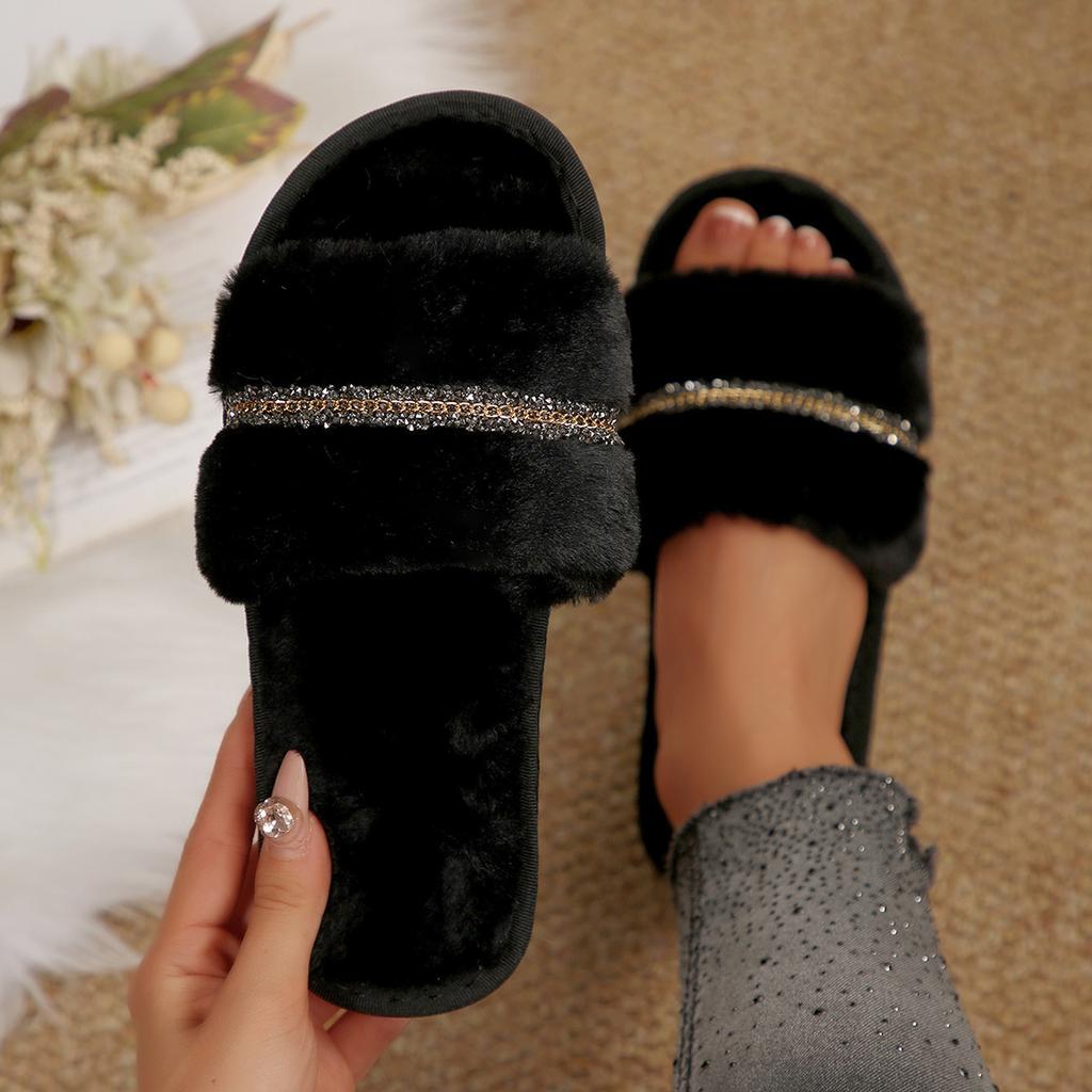 Fashion Women Shoes Luxury Home Fur Slippers Women Winter Indoor Cozy Open Toe Fluffy Slides Woman Comfortable Plush Warm House Slippers