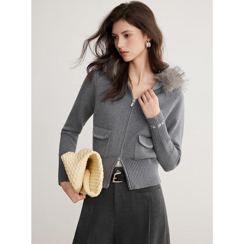 ELLE Women s Hooded Knitted Cardigan with Fur Collar L