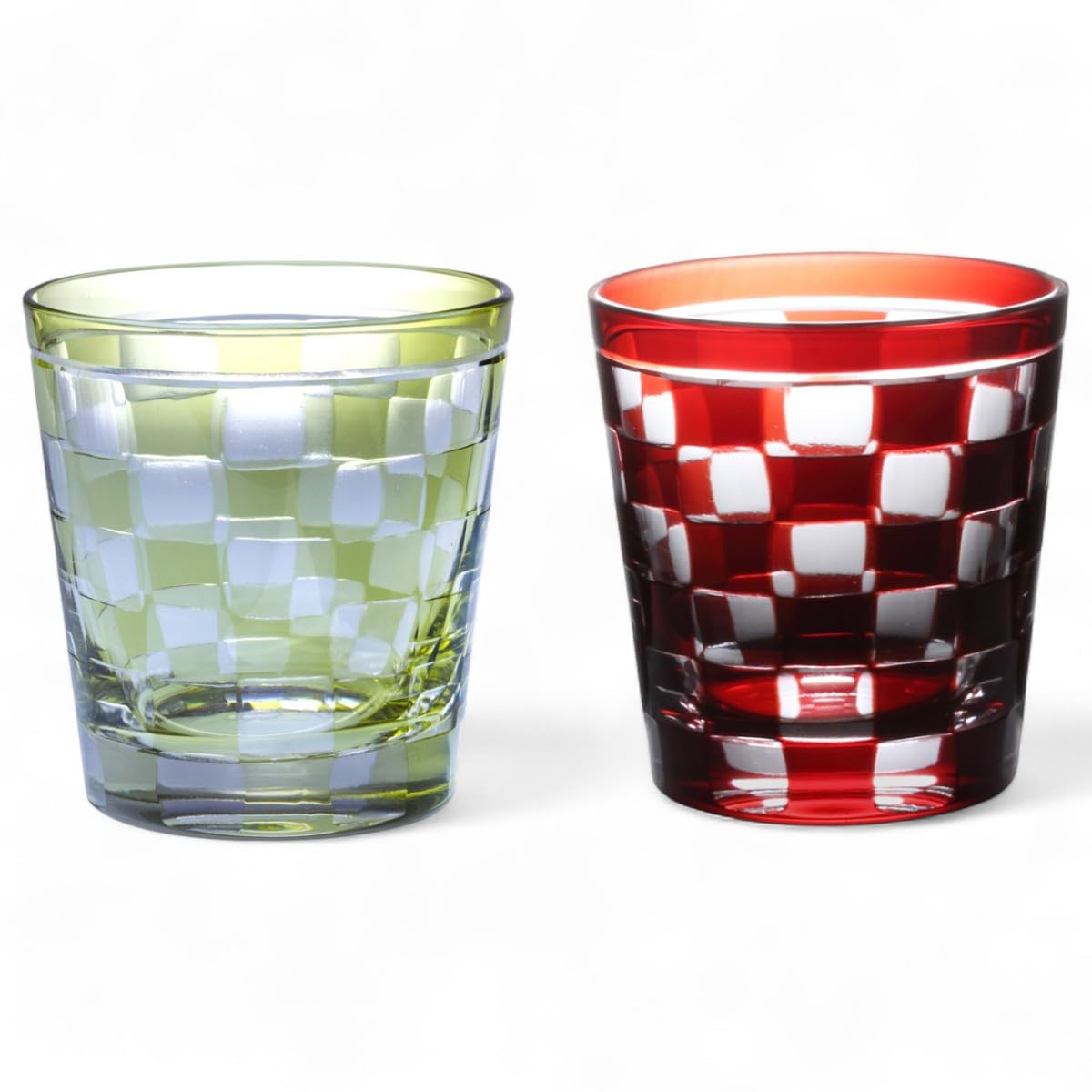 

Mizukage Kiriko Pair of Rocks Checkered Green Current Model J-kitchens Glasses, 85xH90mm, 260cc, Pattern, & Red, Bisho,