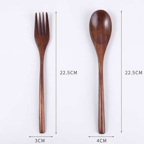 DFsucces 4-Piece Cutlery Set, Natural Wood, 22.5cm Long, One-Piece Design, Includes Dessert Spoon and Pasta Fork, Ideal for Camping, Lunchboxes, and C