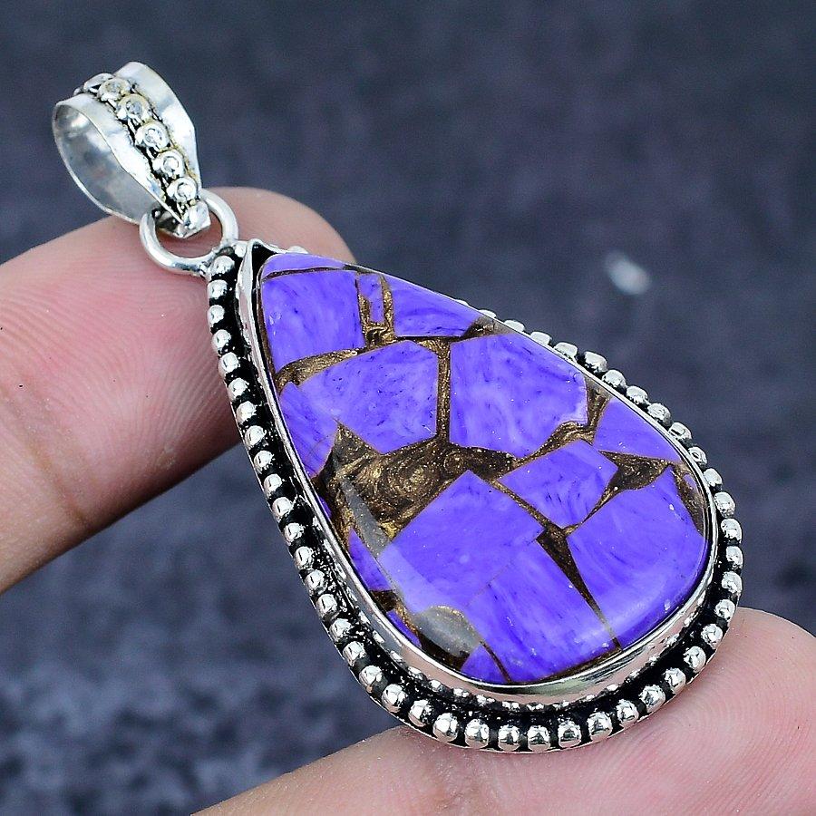 Natural Copper Charoite Gemstone 925 Sterling Silver Jewelry Pendant 2.17" M8I71