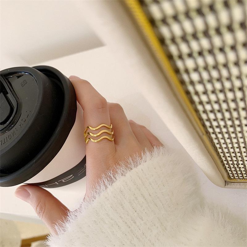 French Retro Gold-Plated Wave Ring - Stackable, Three-Layer Geometric Design for Women