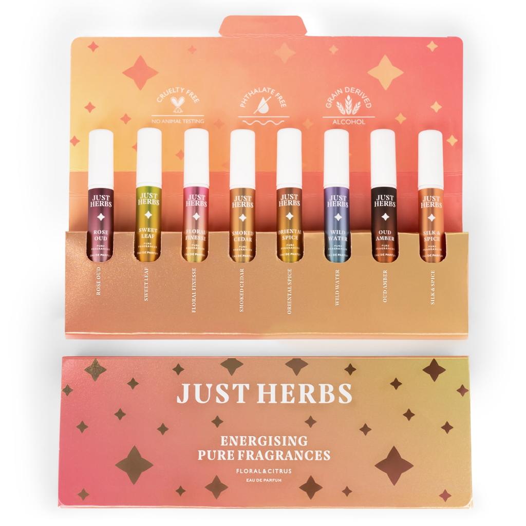 JUST HERBS Energizing Pure Fragrances Pocket Perfume Floral & Citrus Set of 8 EDP for Men and Women