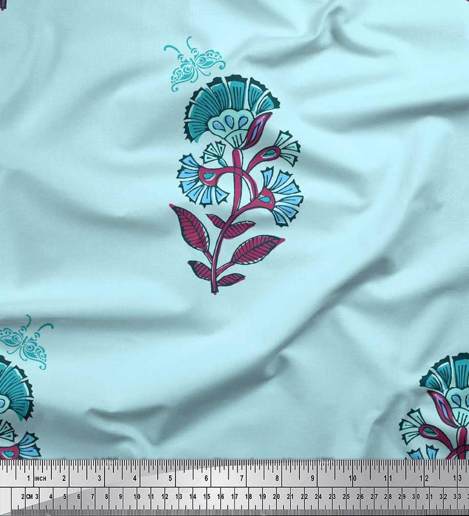Soimoi Blue Japan Crepe Satin Fabric Insect|Leaves & Floral Block Print Fabric by Yard 42 Inch