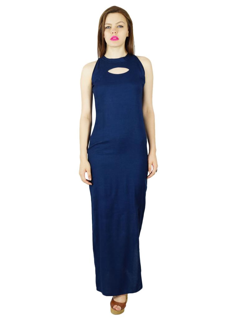 Bimba Women Long Maxi Dress With Side Slit Keyhole Neck Sleeveless Gown