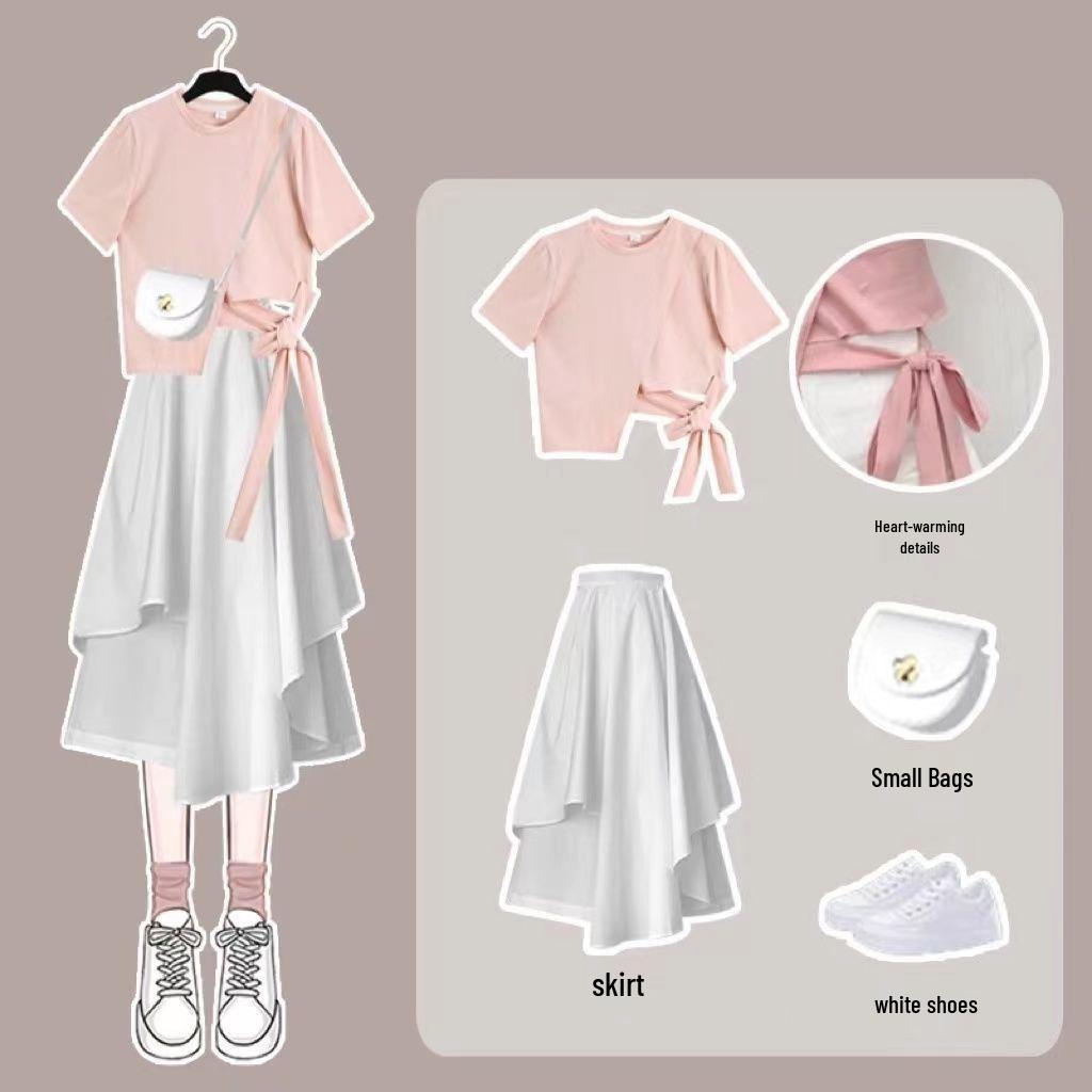 Trendy Two-Piece Summer Set: Women's Short Sleeve T-Shirt + White Skirt for 2026