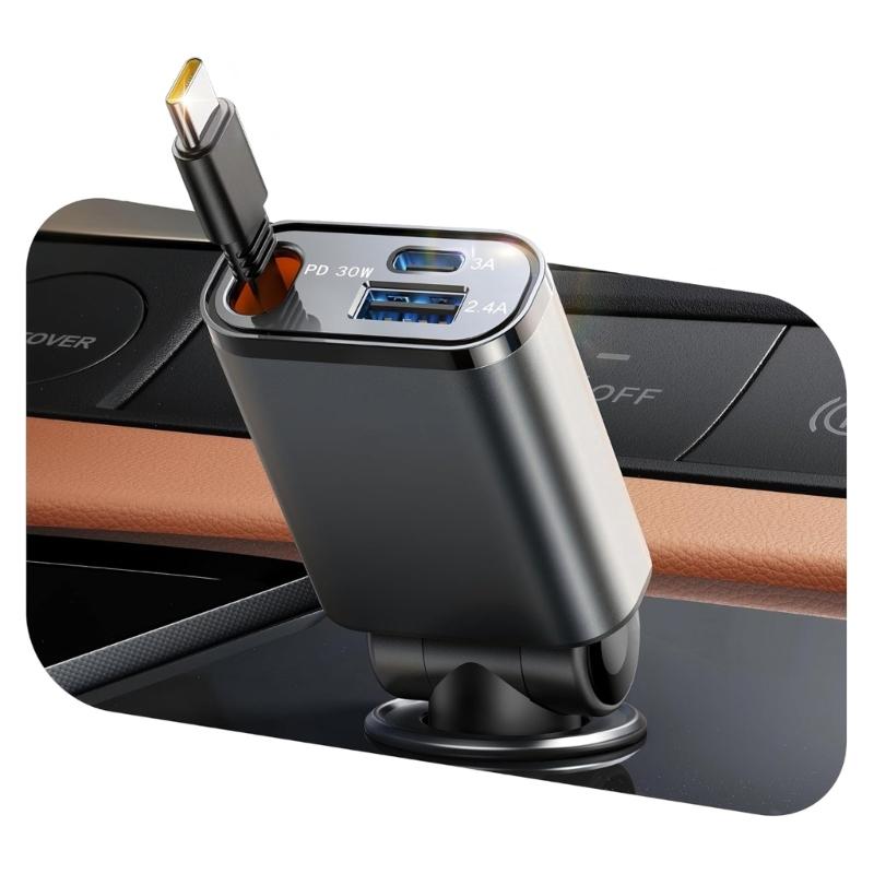 Very Small Retractable USB C Car Chargers 45W 3 In 1 Adapter High Speed Vehicle Chargers Small Car Chargers for Locate