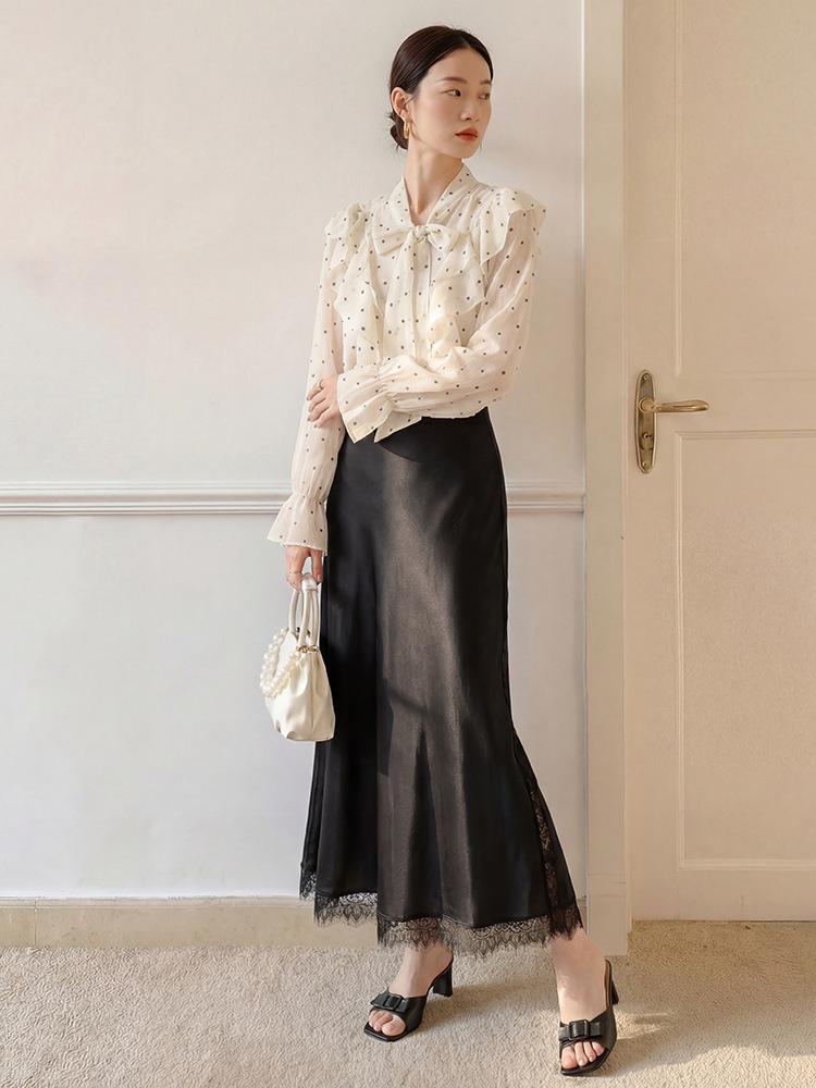 Fei Yuan Women's Satin A-line Drape Skirt, Lace-lined, Solid Color, Early Spring 2026 Fashion Arrival