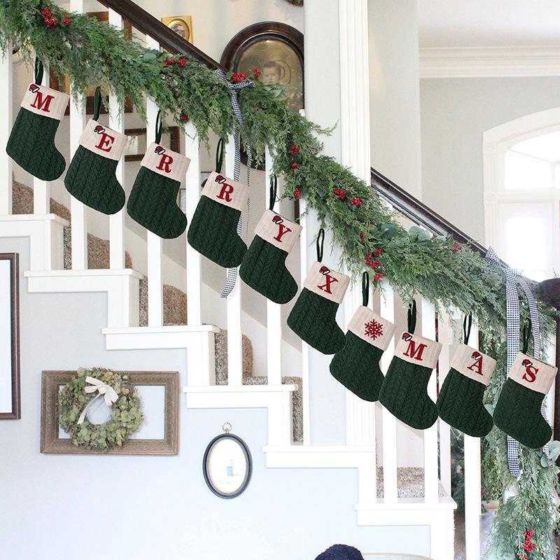 Haobei Green Knitted Christmas Stocking with Embroidered Lettering – Woolen Gift Bag Décor