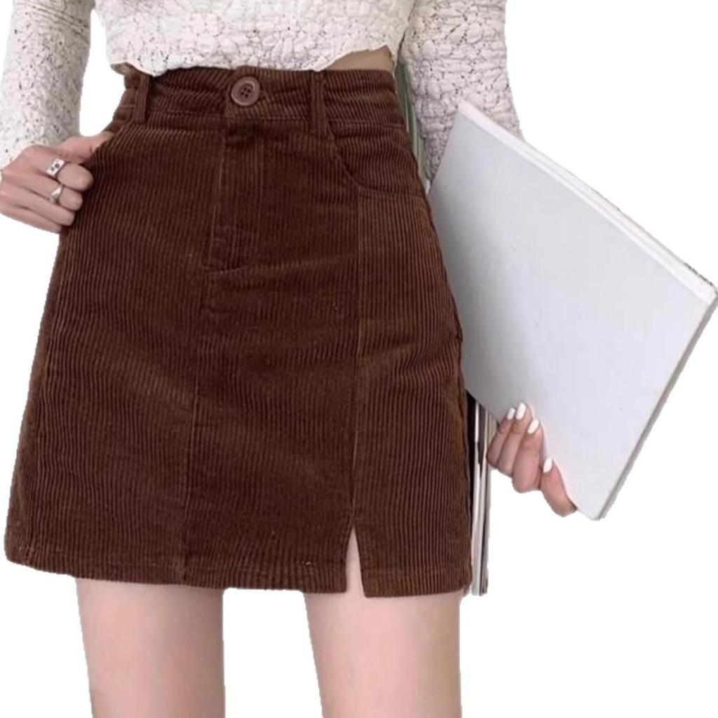 Women's Corduroy High-Waist A-line Skirt, Petite, Coffee, Plus Size, Hip-Hugging, Autumn/Winter 2026.