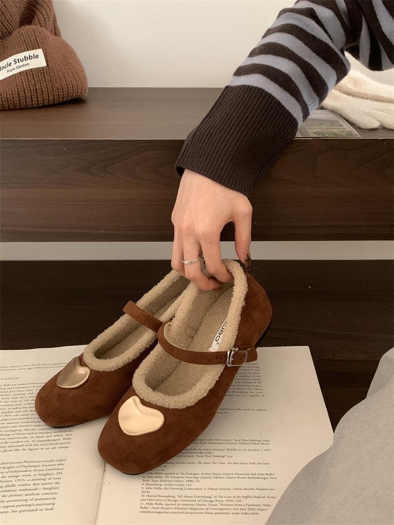 Französische Pailletten-Ein-Wort-Schnalle mit Samt-Mary-Jane-Einzelschuhen Damen 2025 Herbst und Winter neue Lammwolle flachsohlige Ballerinas