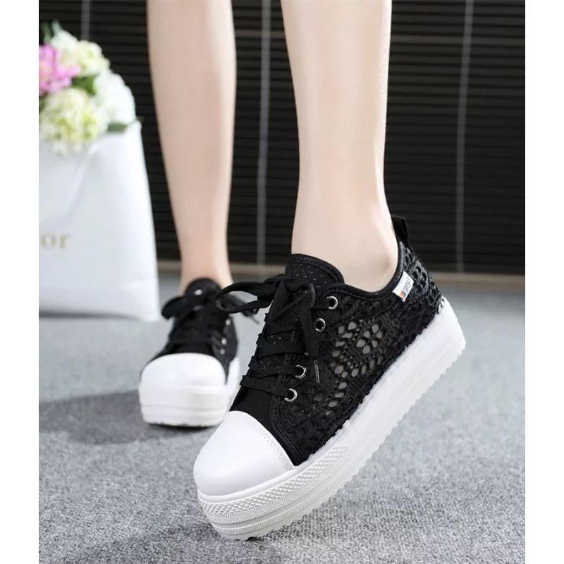 Summer New Lace-up Mesh Casual Shoes Flat-soled Thick-soled White Shoes Women's Breathable Hollowed-out Lace Muffin Women's Single Shoes