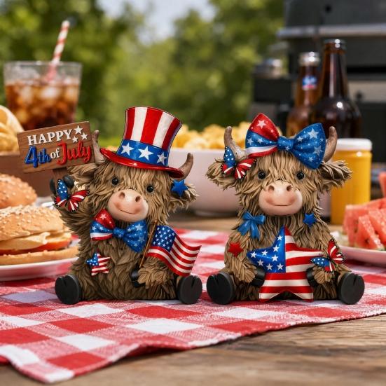 Stars And Stripes Cow Decor 2 Pcs 4th of July Patriotic Highland Figurines, Wooden Independence Day Red USA Themed Home Decoration White Blue