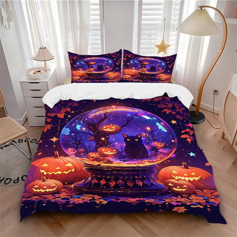 

3pc Halloween Cat Cover Set - 1 Quilt Cover + 2 Pillowcases, All Seasons Bedroom Setting, Perfect for Home088 135x200cm