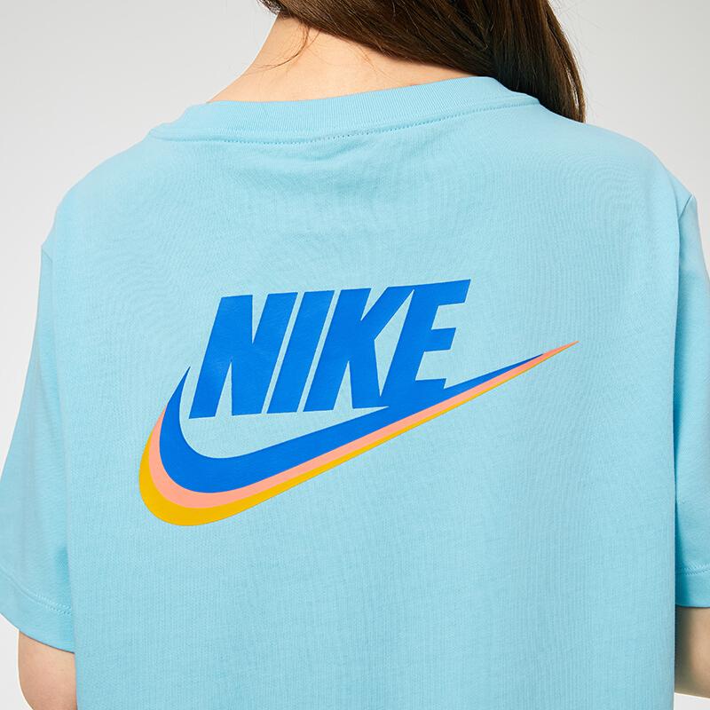 Nike Sportswear Rainbow Embroidered Color Block Logo Printed Knit Short Sleeve Dress Women Dresses Pink Blue DJ6202-484