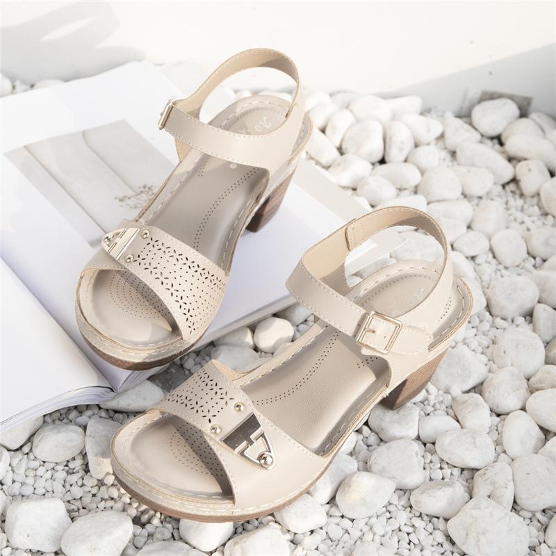 Roman Breathable Sandals Summer Shoes Women 2026 Leather Chunky High Heels Casual Comfortable Beach Shoes Sandalias Femininas